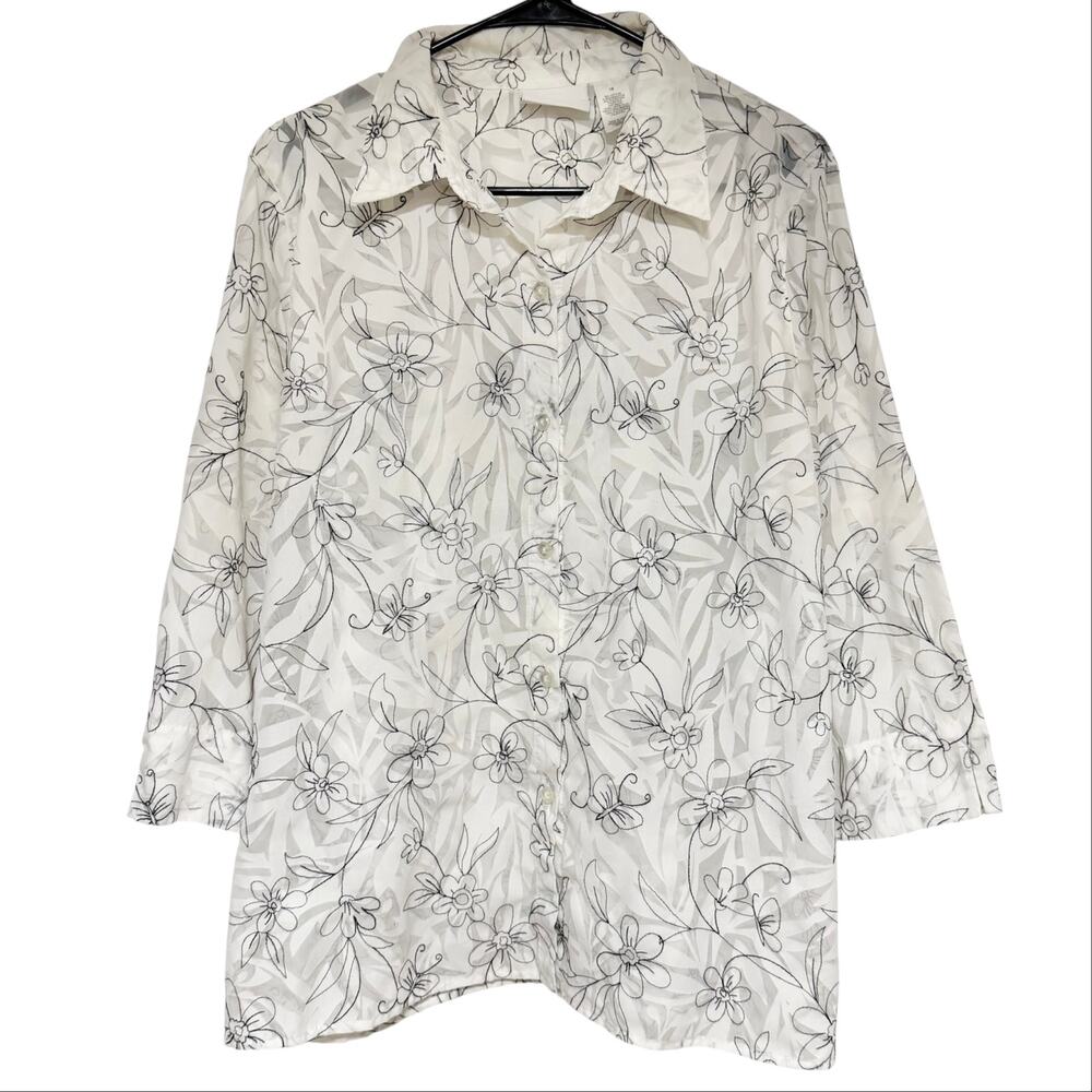 ALFRED DUNNER White Floral Embroidered Button Down Shirt Size 18 Lightweight